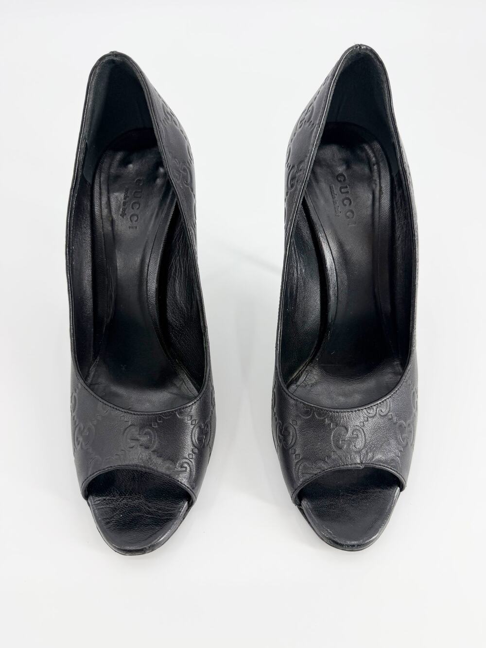 Gucci Guccissima Black Leather Peep Toe Stiletto Pumps Shoes 37.5 EU 7.5 US